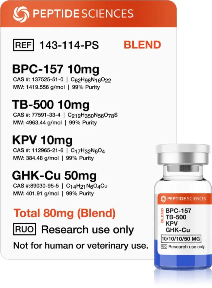 KLOW Blend (GHK-Cu · TB-500 · BPC-157 · KPV) — frasco para pesquisa